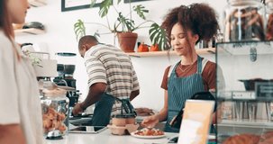 Cashier, cafe food and customer service at counter with thank you, smile for hospitality and drinks order. Happy waitress or barista giving chocolate croissant, pastry or breakfast at a coffee shop - Powered by Shutterstock - Get 15% off with code: PIKWIZARD15