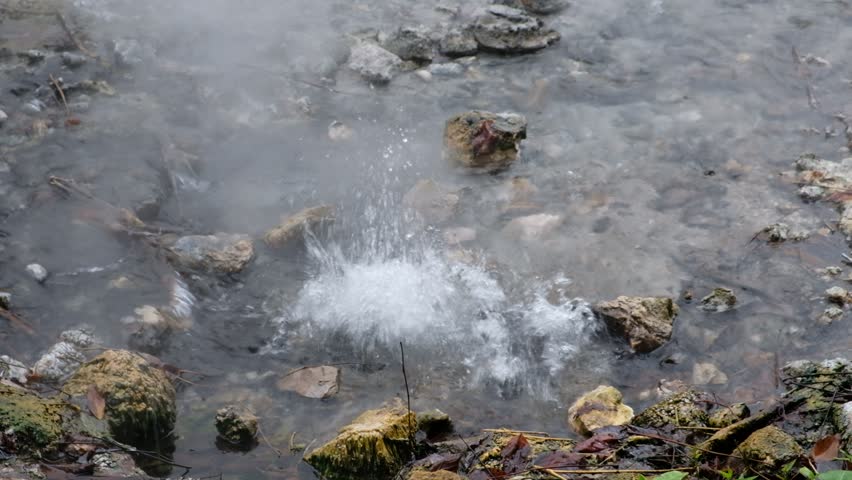 Hot springs (Geyser type) with rocks in the morning. Pongduet Pa Pae Hotspring, Chiang Mai Province, Thailand