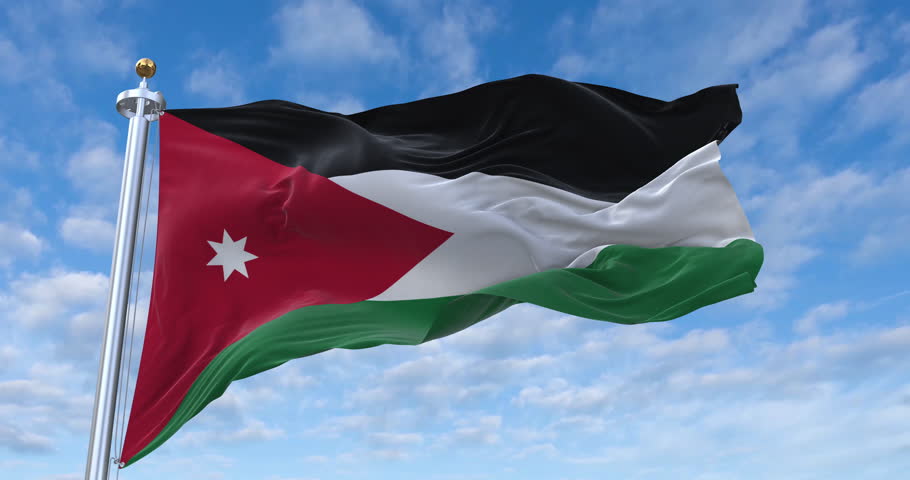 Jordan flag with flagpole waving in wind, rolling clouds background looping, 4K video (Perfect Loop)