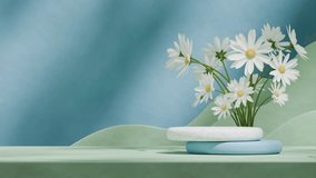 seamless loop shadow animation with daisy flower and green wave shape, 3d video render scene mockup of blue color cylinder podium

