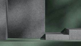 seamless loop shadow animation with green rough wall background, 3d video render scene mockup of gray concrete podium
