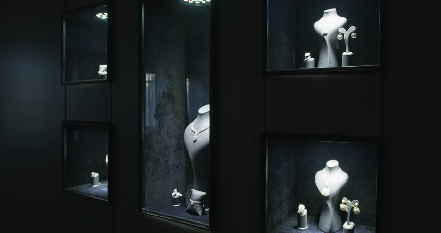 Showroom of a jewelry store with jewelry on the wind. Rings, bracelets, necklaces.