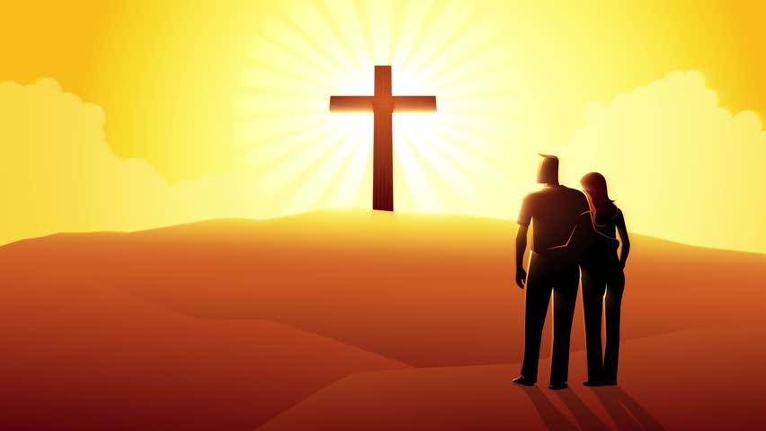 Motion graphic of a couple hugs while looking at the shining wooden cross on the hill, Christian marriage, romantic, love concept