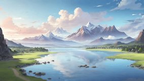 Anime landscape background with blue lake, majestic misty mountains and wide blue sky