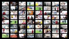 Business People. People at Work. Working in Office. Industrial Workers. 
Working People. Teamwork. Team. 
Collage of video clips showing people of different professions at work. 