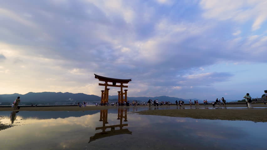 Cinematic gimbal shot of Itsukushima Shrine on Miyajima Island in Hiroshima prefecture, Japan Royalty-Free Stock Footage #3430137527