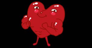Animation - cartoon cute muscular smiling heart beats its chest. 4K video. Animation with alpha channel. Cycle