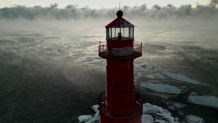 Dramatic Winter twilight over steaming Lake Michigan with stunning Lighthouse keeping solitary watch over icy harbor.