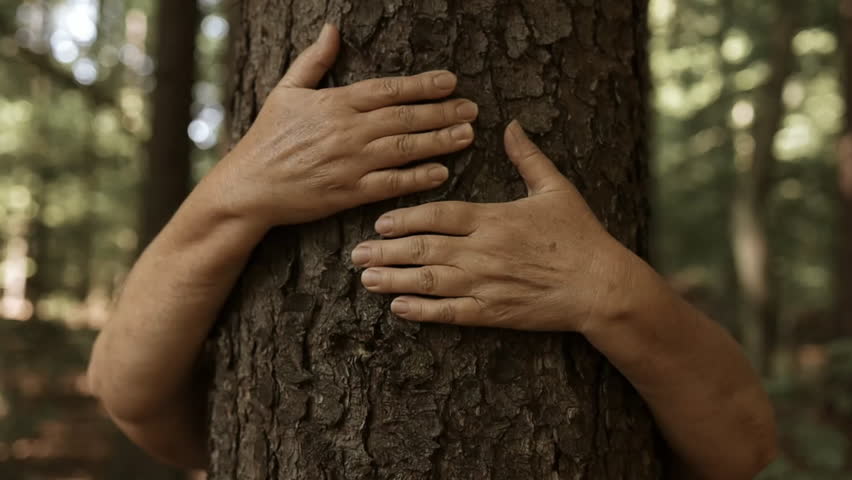 Environment and respect for Earth nature concept. Adult senior 60s woman hugging a green tree in the forest. Save the planet and climate change, defocused background wih nature.  Royalty-Free Stock Footage #3430251771