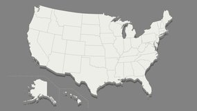 The state of Texas is highlighted in red on a minimalistic map of the USA in white on dark background. Thin clean lines video animation. High quality 4k footage. 