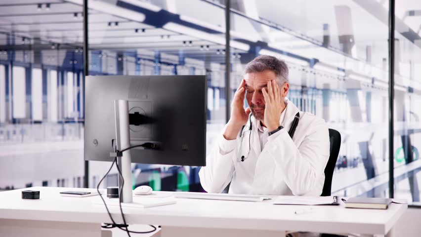 Sad Man Doctor Stress And Pain At Computer Royalty-Free Stock Footage #3430265759