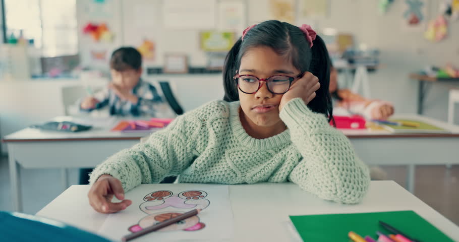 Bored, child and tired of learning, education and fatigue from adhd, burnout and frustrated with work in kindergarten school. Exhausted, girl or thinking of studying or problem with mindset in class Royalty-Free Stock Footage #3430300305