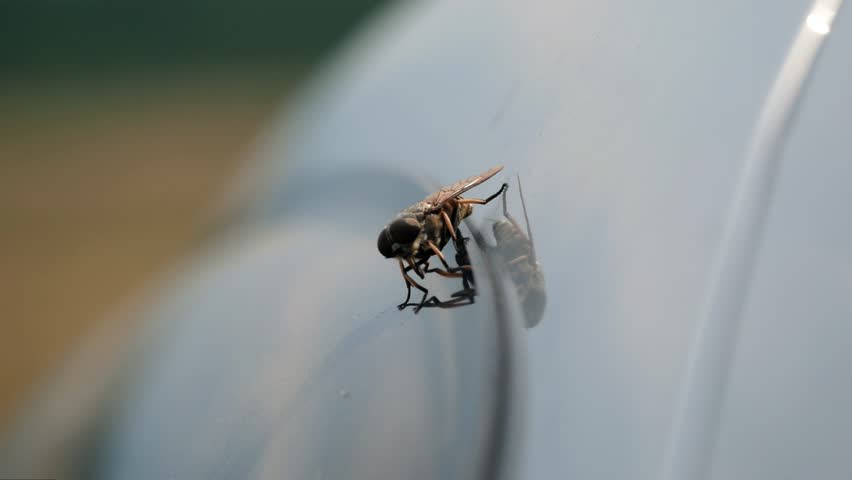 Bloodsucking dangerous tabanidae horsefly gadfly sits on a car door 