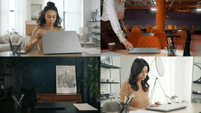 Collage of businesspeople open and start typing on laptop. Business professionals writing an important email from office and home. Remote working concept. Confident mature woman. Bearded boss male 4K