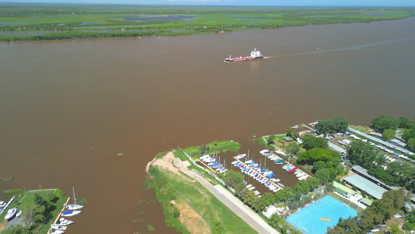 Rosario Argentina province of Santa Fe aerial images with drone of the city Views of the Parana River small cargo ship