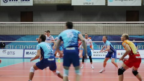 MOSCOW - NOV 5, 2016: Players at game of Russian Volleyball Championship Dynamo (Moscow) - Nova (Novokuibyshevsk) in Palace of Sports Dynamo