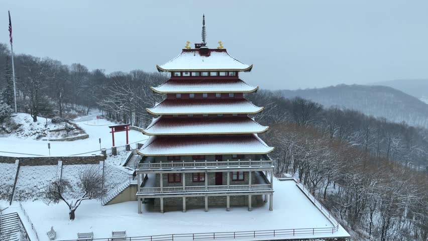 Aerial shot of pagoda in winter. Asian architecture in America theme.