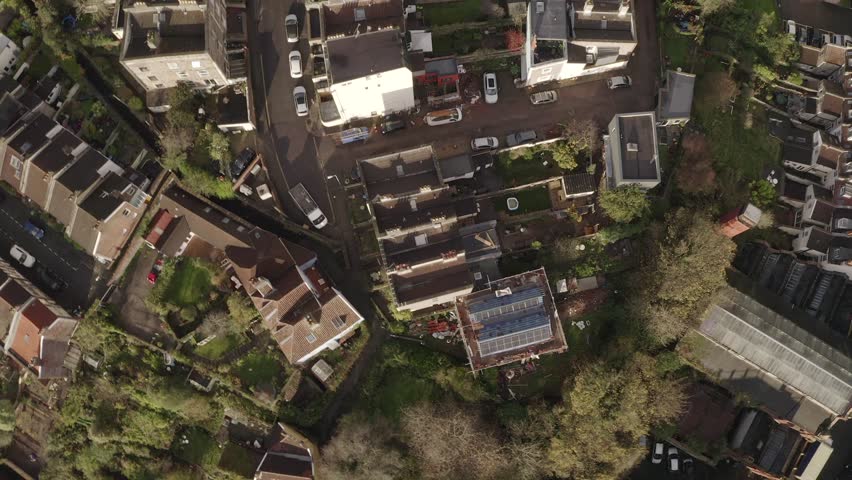 Overhead view of terraced residential houses and gardens in Bristol, UK Royalty-Free Stock Footage #3430457161