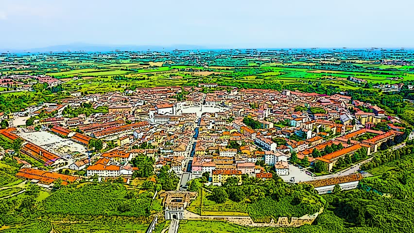 Color sketch in cartoon style. Palmanova, Udine, Italy. An exemplary fortification project of its time was laid down in 1593, Aerial View