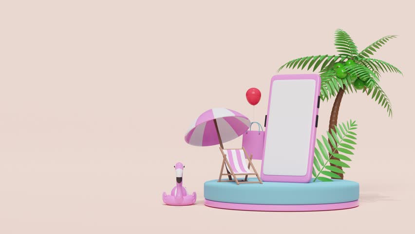 cylinder stage podium with mobile phone or smartphone, beach chair, Inflatable flamingo, palm leaf, shopping paper bags, online shopping summer sale concept, 3d illustration render, alpha channel Royalty-Free Stock Footage #3430717819