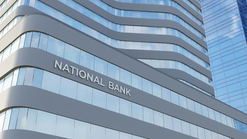 The office building of National Bank , commercial bank, Data center, 3D rendering of closeup of Bank building with glass pane facade looking up