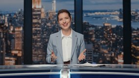 Cheerful lady announcer talking evening news at tv studio closeup. Smiling woman ending broadcast at night city background. Happy female presenter saying goodbye leaving newsroom stage with folder - Powered by Shutterstock - Get 15% off with code: PIKWIZARD15