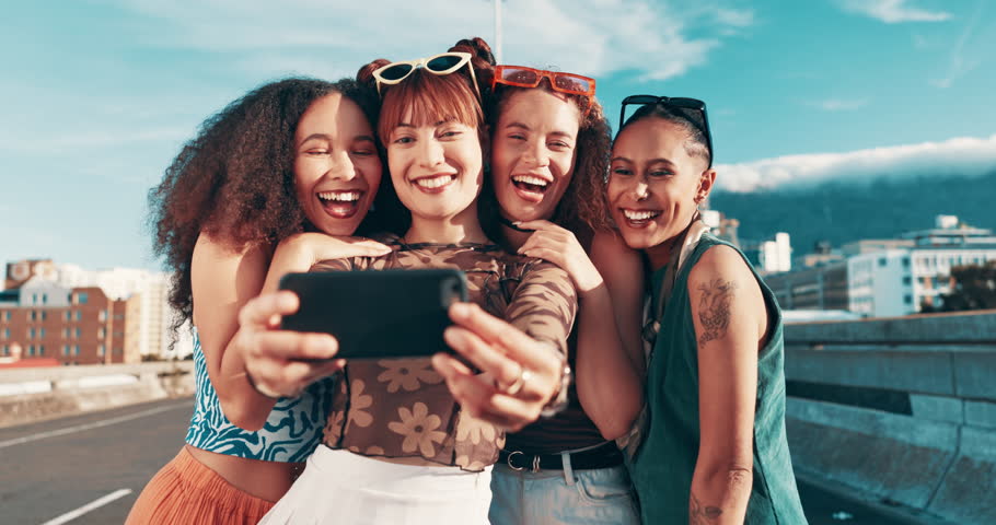 Selfie, cool or friends with smile in city on holiday vacation with youth culture, streetwear or fashion. Happy, trendy women or stylish urban clothing with social media, style or diversity together