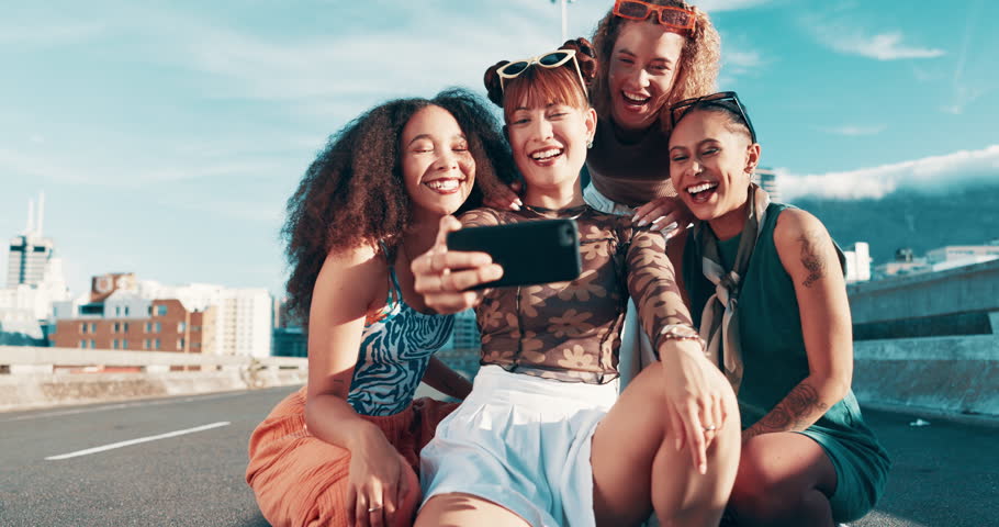 Selfie, peace sign or friends with fashion in city on holiday vacation with youth culture, streetwear or smile. Happy, women or stylish urban clothes with social media, swag or diversity together Royalty-Free Stock Footage #3430754989