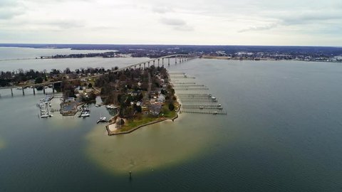 Lexington Park, MD - December 24, 2017: An aerial drone view of the Patuxent River and the Thomas Johnson Bridge off of the Chesapeake Bay.