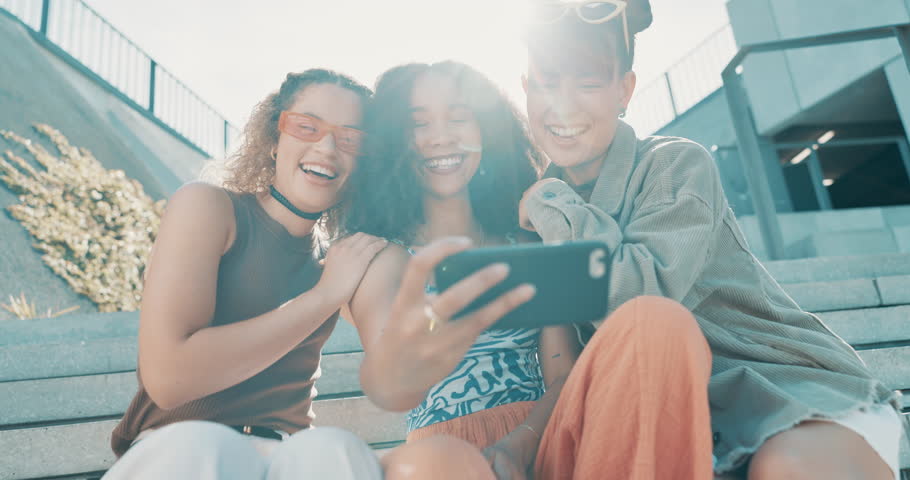 Selfie, group or friends with fashion in city on holiday vacation with youth culture, streetwear or smile. Happy, trendy women or stylish urban clothing with social media, swag or diversity together
