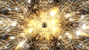 Spiritual journey of meditating man in lotus yoga position seated in the center of a beautiful and colorful green and purple abstract animation