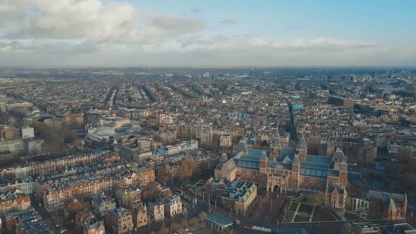 Aerial establishing shot of Amsterdam, the Netherlands