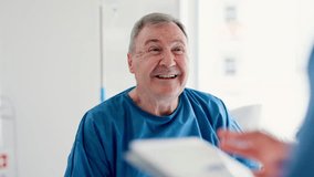 Happy senior man, hospital bed and results with tablet, doctor and surprise for good news on digital report. Elderly patient, person and listen to medic for healthcare, wellness and advice in clinic - Powered by Shutterstock - Get 15% off with code: PIKWIZARD15