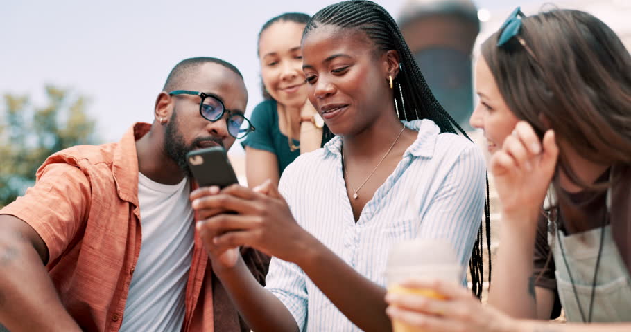 Students, group friends and phone on campus communication, social media and talking of study break. Young people laughing on mobile chat, conversation and reading website, college or university email Royalty-Free Stock Footage #3430901295