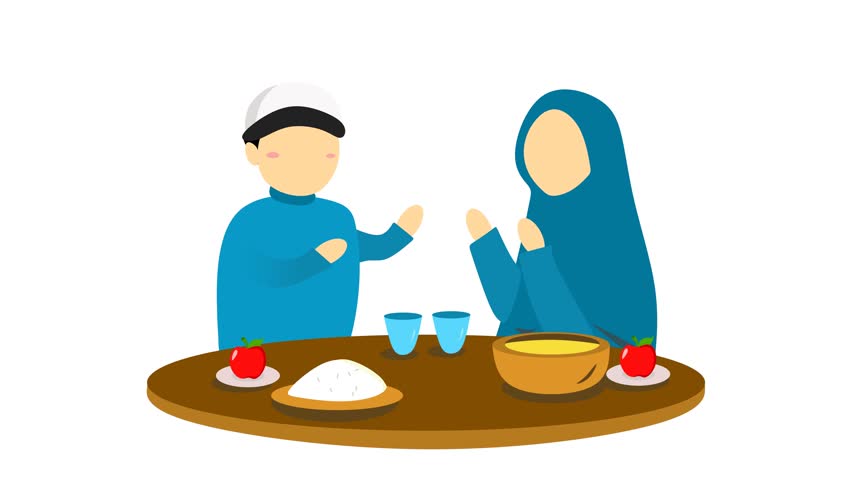 Muslim Family Dining at Their Home. An isolated family gathers around a table to celebrate Eid Mubarak, Sahur, or Iftar evenings, and Ramadan. Muslim family having dinner, Muslim dressed.