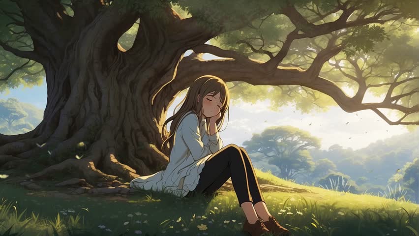 Cute anime girl sitting alone on the tree with butterfly. illustration lofi music chill and relaxed. Video looping animation Royalty-Free Stock Footage #3430949209