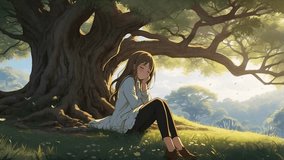Cute anime girl sitting alone on the tree with butterfly. illustration lofi music chill and relaxed. Video looping animation