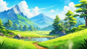 Anime background landscape, Beautiful mountain nature video footage animation anime cartoon mountain on lake. Video looping animation