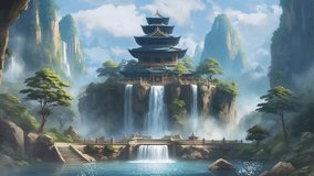 Anime background Temple of heaven with waterfall landscape. Video looping animation