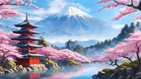 Anime background landscape video fantasy beautiful traditional temple in autumn with cherry blossom tree sakura. Video looping animation
