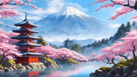 Anime background landscape video fantasy beautiful traditional temple in autumn with cherry blossom tree sakura. Video looping animationの動画素材