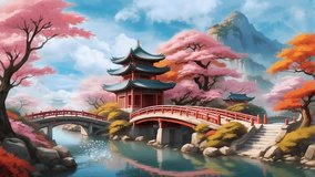 Anime background landscape video fantasy beautiful traditional temple in autumn with cherry blossom tree sakura. Video looping animation