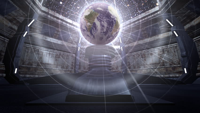 Animation of rotating rings around earth in a futuristic machine room in space.