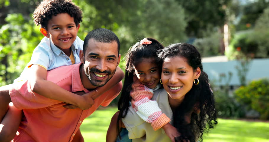 Happy family, children and parents piggyback in park with games, fun and excited for bonding, love and care. Face of african mother, father and kids playing in nature, garden or outdoor for adventure Royalty-Free Stock Footage #3431080369