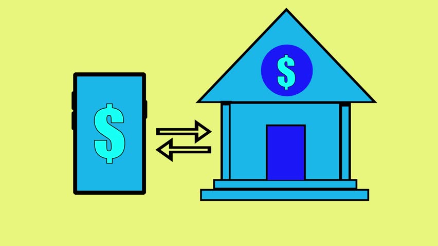 Smartphone with a dollar sign transferring money to a bank building animated symbolizing bank building or online finance.