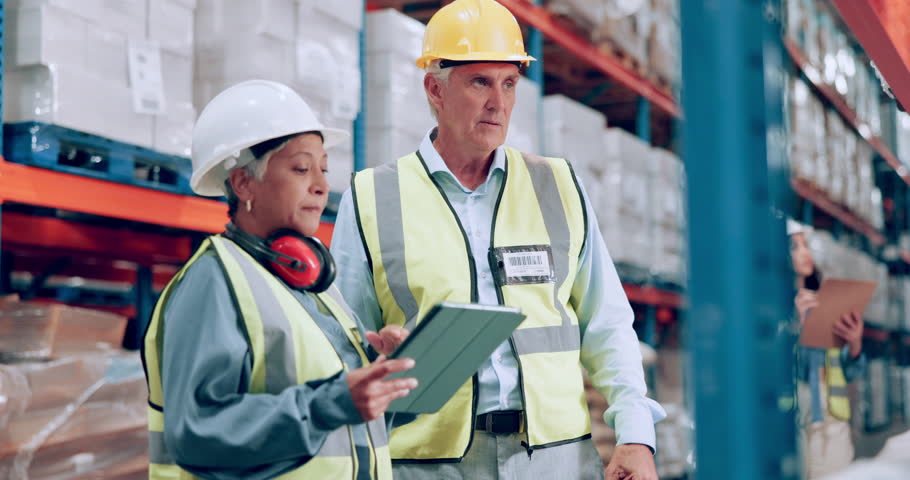 People, tablet and supply chain in logistics at warehouse for storage, inspection or inventory management. Man and woman or contractors with technology for quality control or production in factory