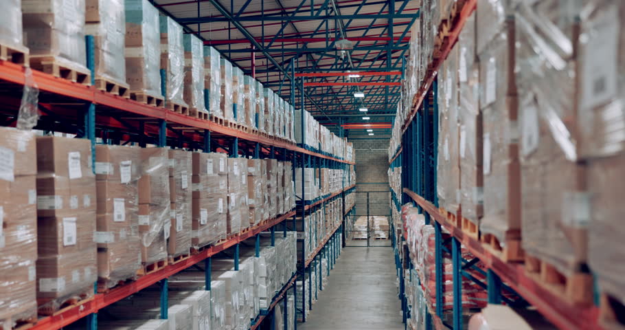 Shipping, supply chain and stock with warehouse people walking together for logistics, storage or inspection. Industry, delivery and shelves with employee team working in plant for cargo distribution