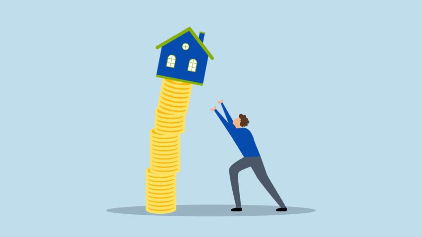 Property market collapse, 4k animation real estate agent helps protect the house from a falling unstable stack of coins.