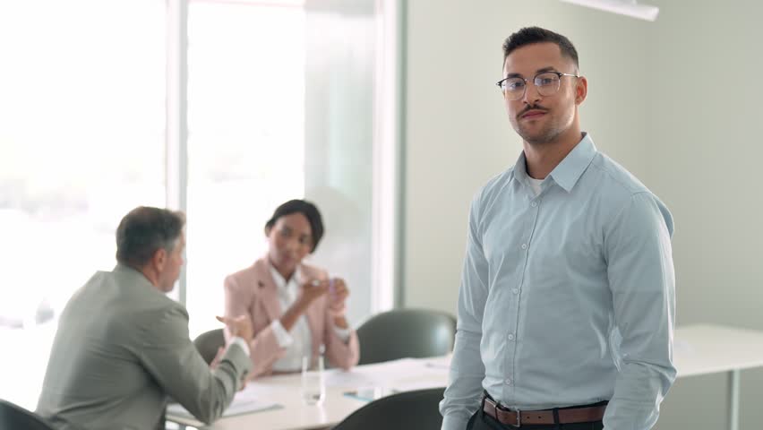 Smiling young confident Latin business man manager standing arms crossed at office team meeting. Portrait of happy professional businessman, male company employee leader in board room. Royalty-Free Stock Footage #3431291683