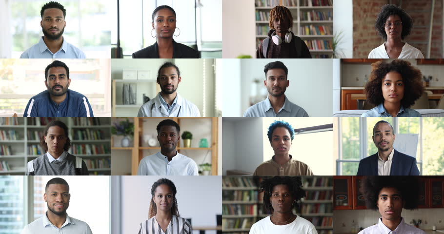 African students and businesspeople front faces close up head shot portrait collage view. Group of different age people smile look at camera, videocall event participants, worldwide communication, app Royalty-Free Stock Footage #3431332569